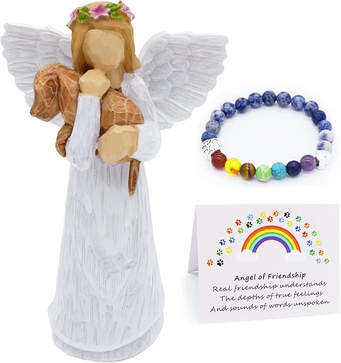 Set de Regalo en Memoria de Perro con Figurita de Ángel de la Amistad y Pulsera Chakra del Puente Arcoíris