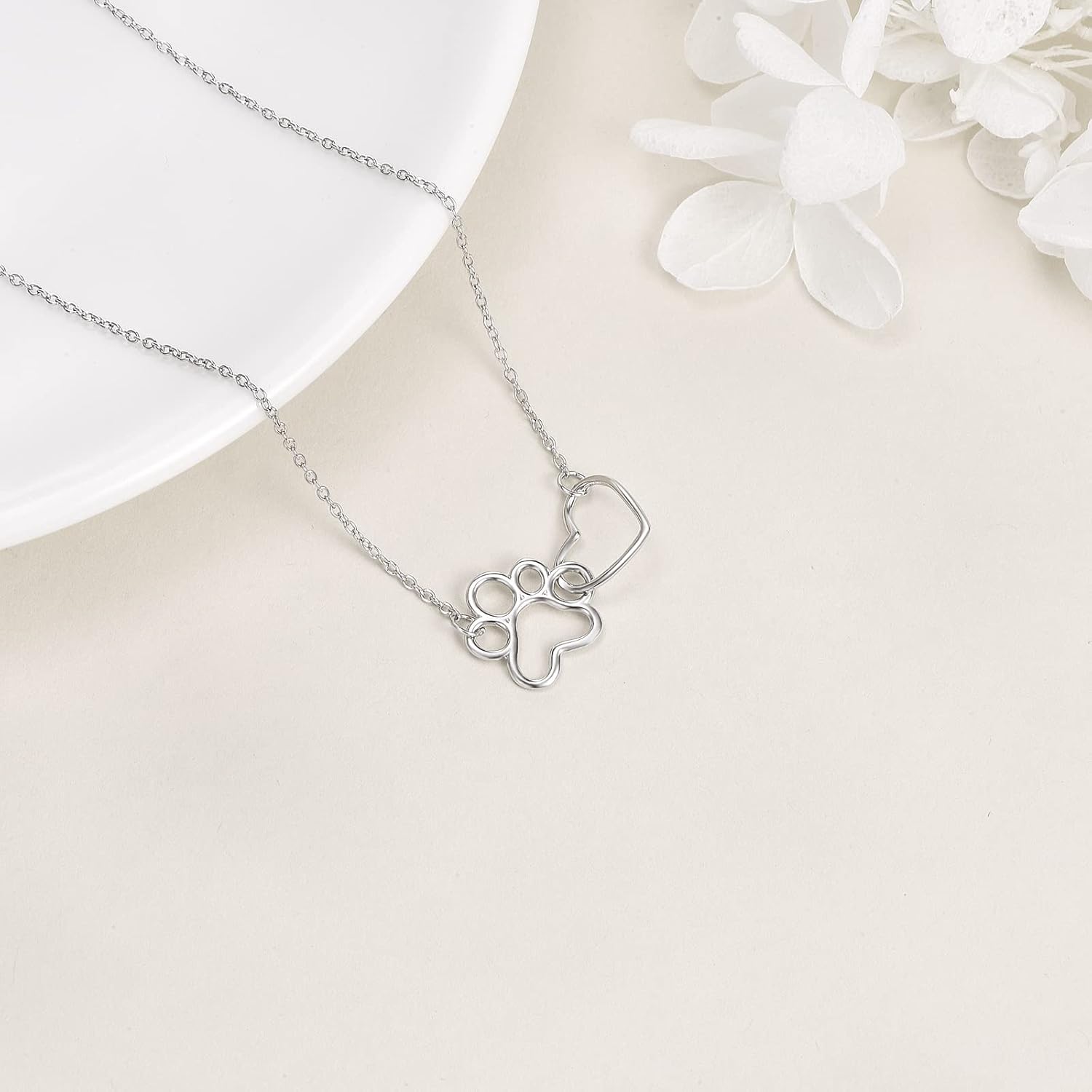 Collar de Plata Esterlina con Huella de Patas – Colgante de Cristal en Forma de Corazón