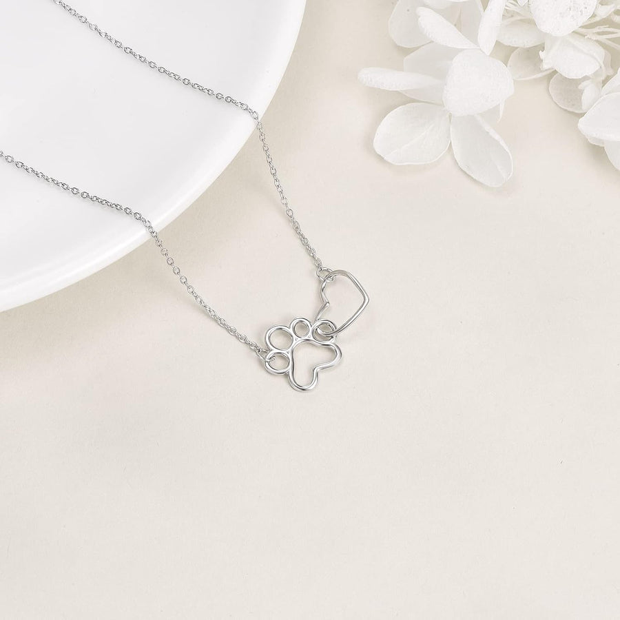 Collar de Plata Esterlina con Huella de Patas – Colgante de Cristal en Forma de Corazón