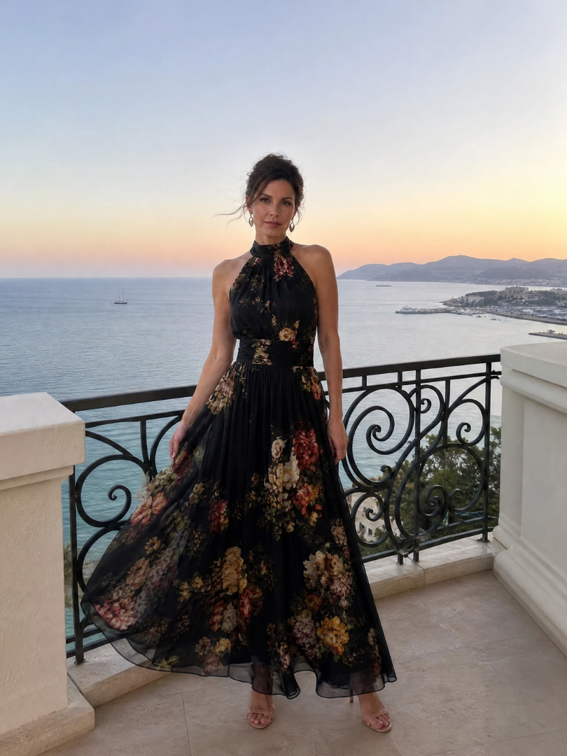 Sior | Vestido Midi con Cuello Halter Floral