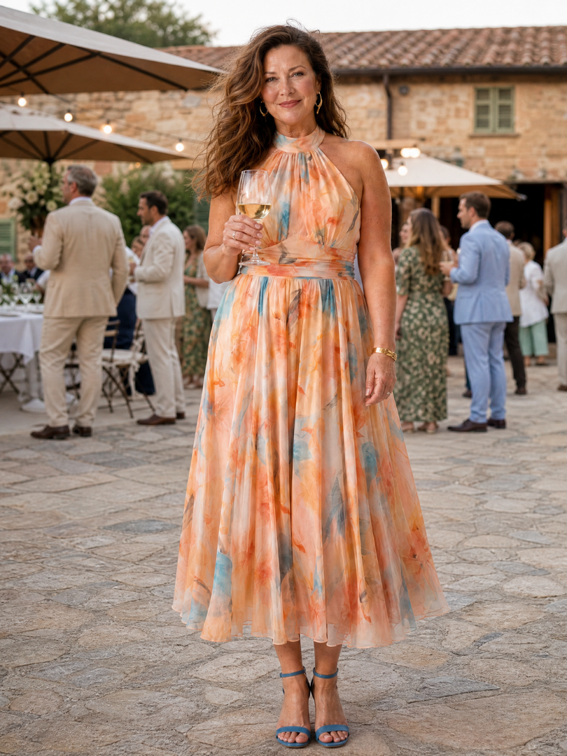Esther | Vestido de Cuello Halter con Estampado de Acuarela