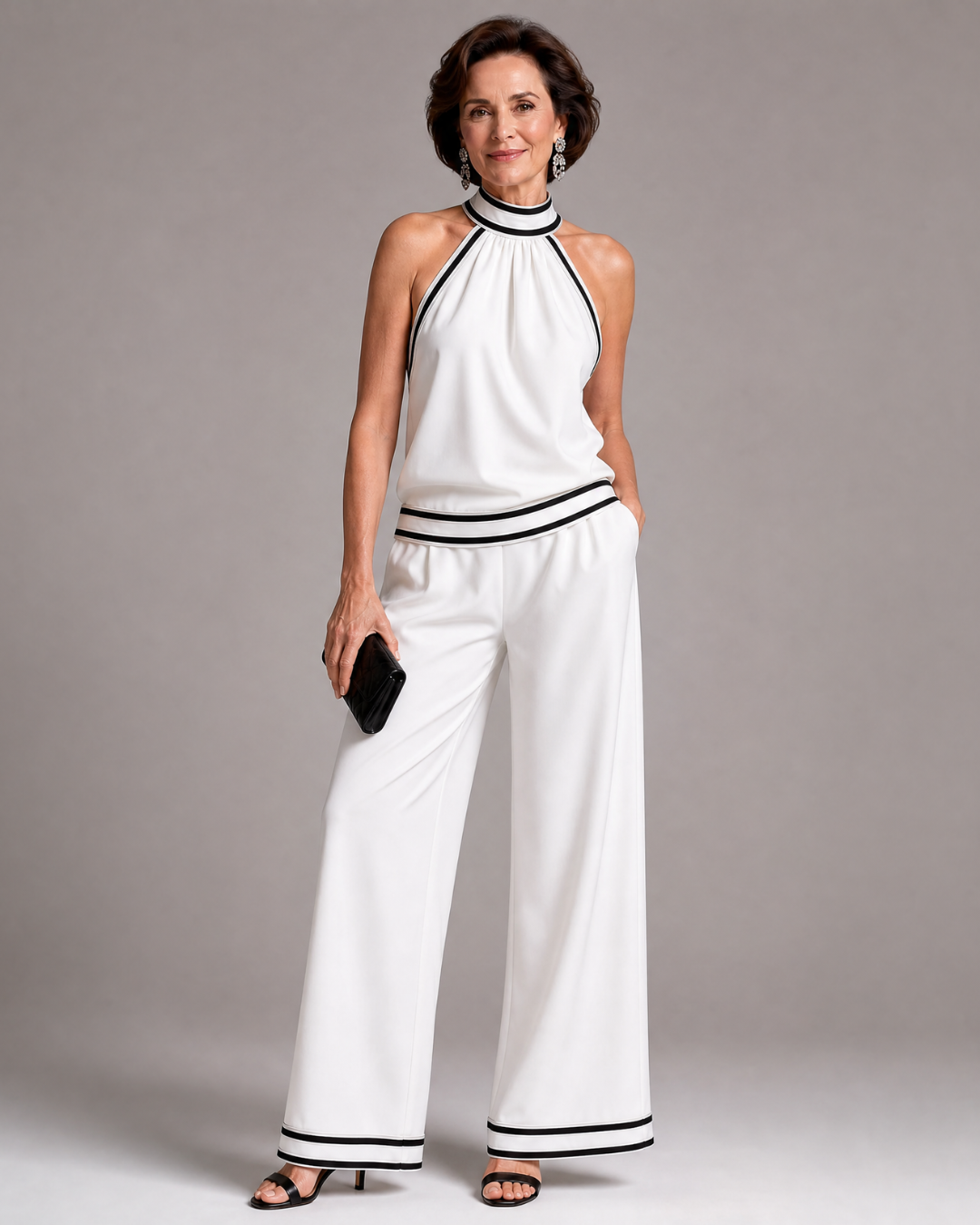 Graciela | Mono de pierna ancha con cuello halter y detalles en contraste
