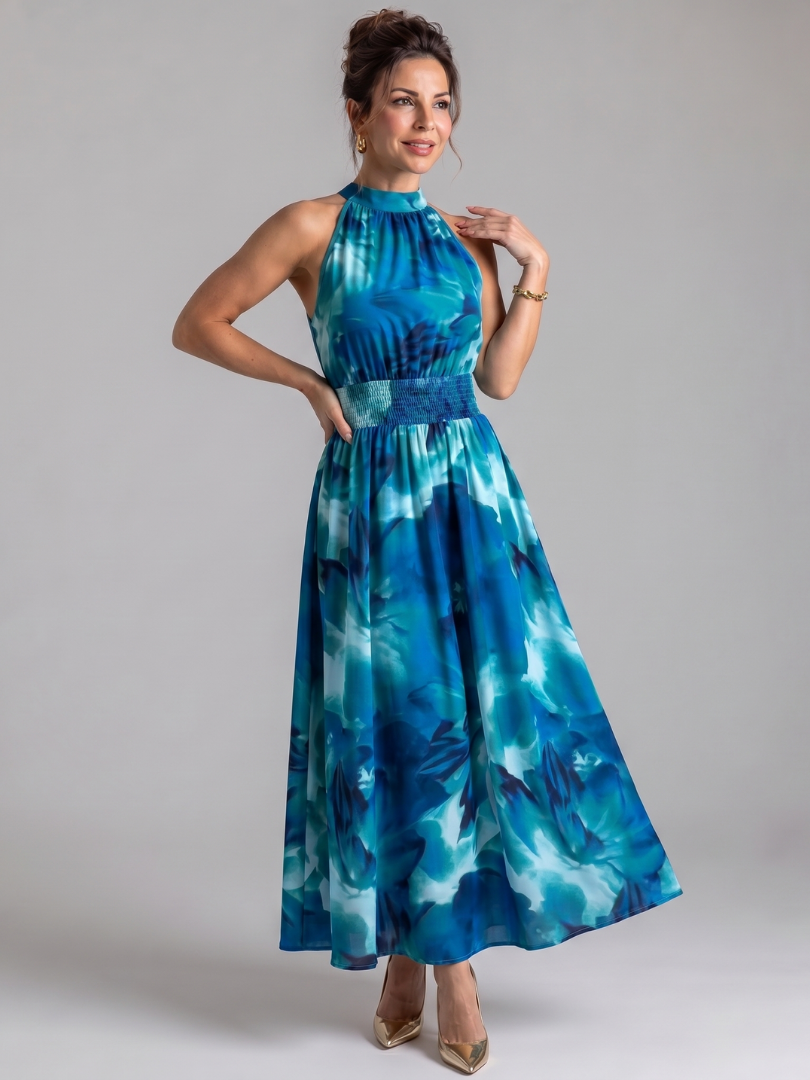 Olivia | Vestido Midi de Talle Recogido con Estampado Abstracto