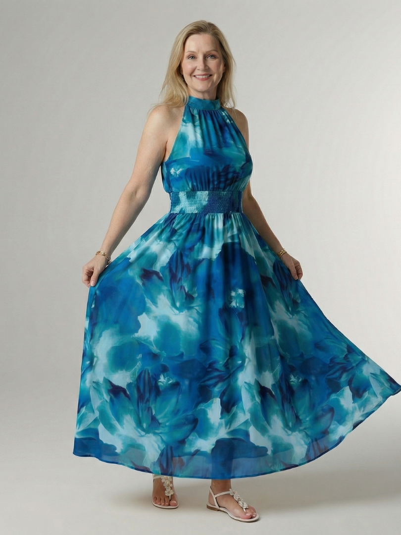 Sylin | Vestido Midi con Cuello Halter Fruncido
