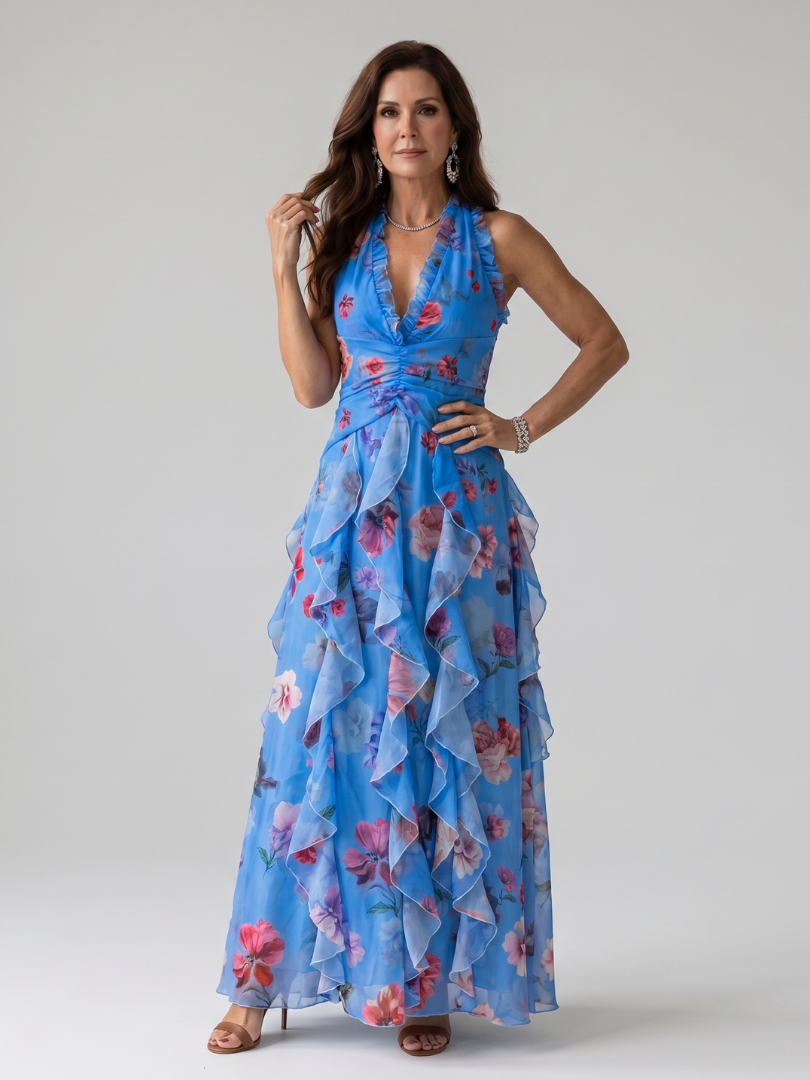 Nori | Vestido Maxi Floral con Escote Halter y Cuerpo Fruncido