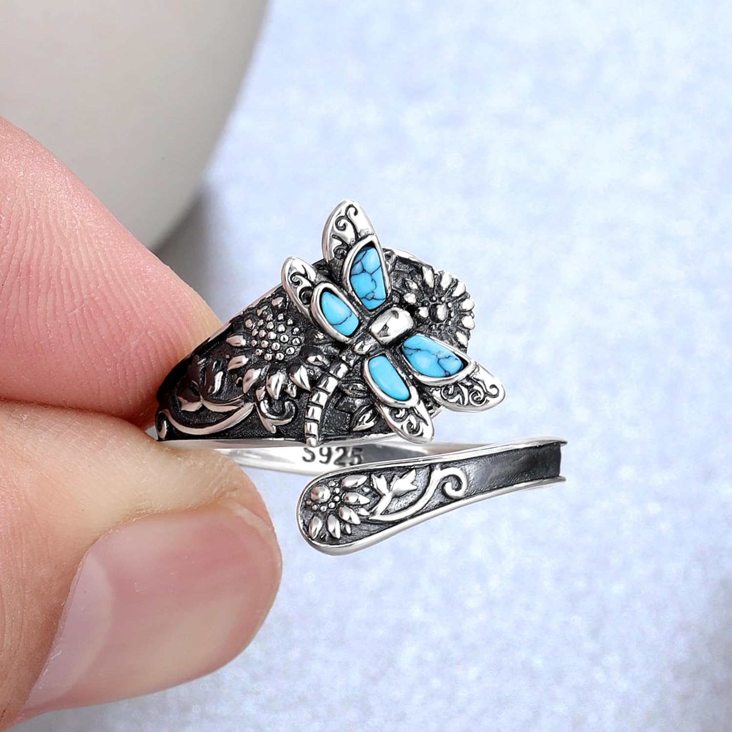 Anillo de Cuchara de Plata Esterlina con Turquesa – Anillo Boho Vintage con Libélula