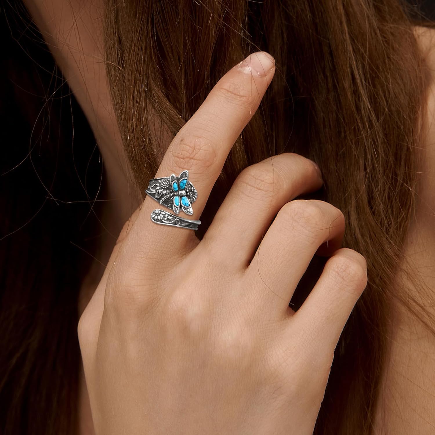 Anillo de Cuchara de Plata Esterlina con Turquesa – Anillo Boho Vintage con Libélula