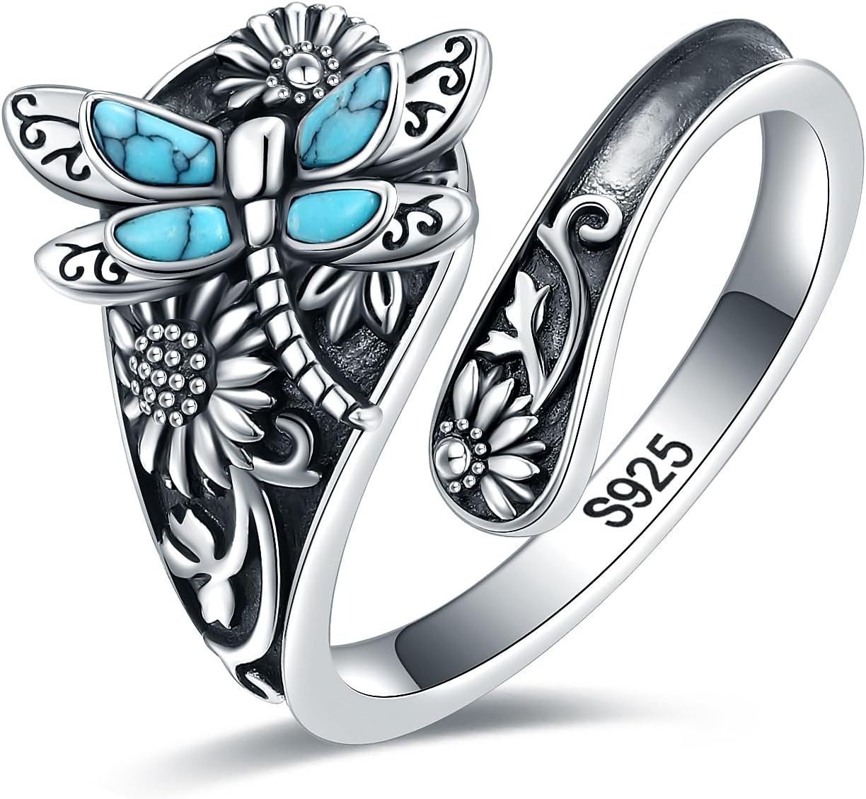Anillo de Cuchara de Plata Esterlina con Turquesa – Anillo Boho Vintage con Libélula