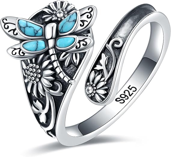 Anillo de Cuchara de Plata Esterlina con Turquesa – Anillo Boho Vintage con Libélula