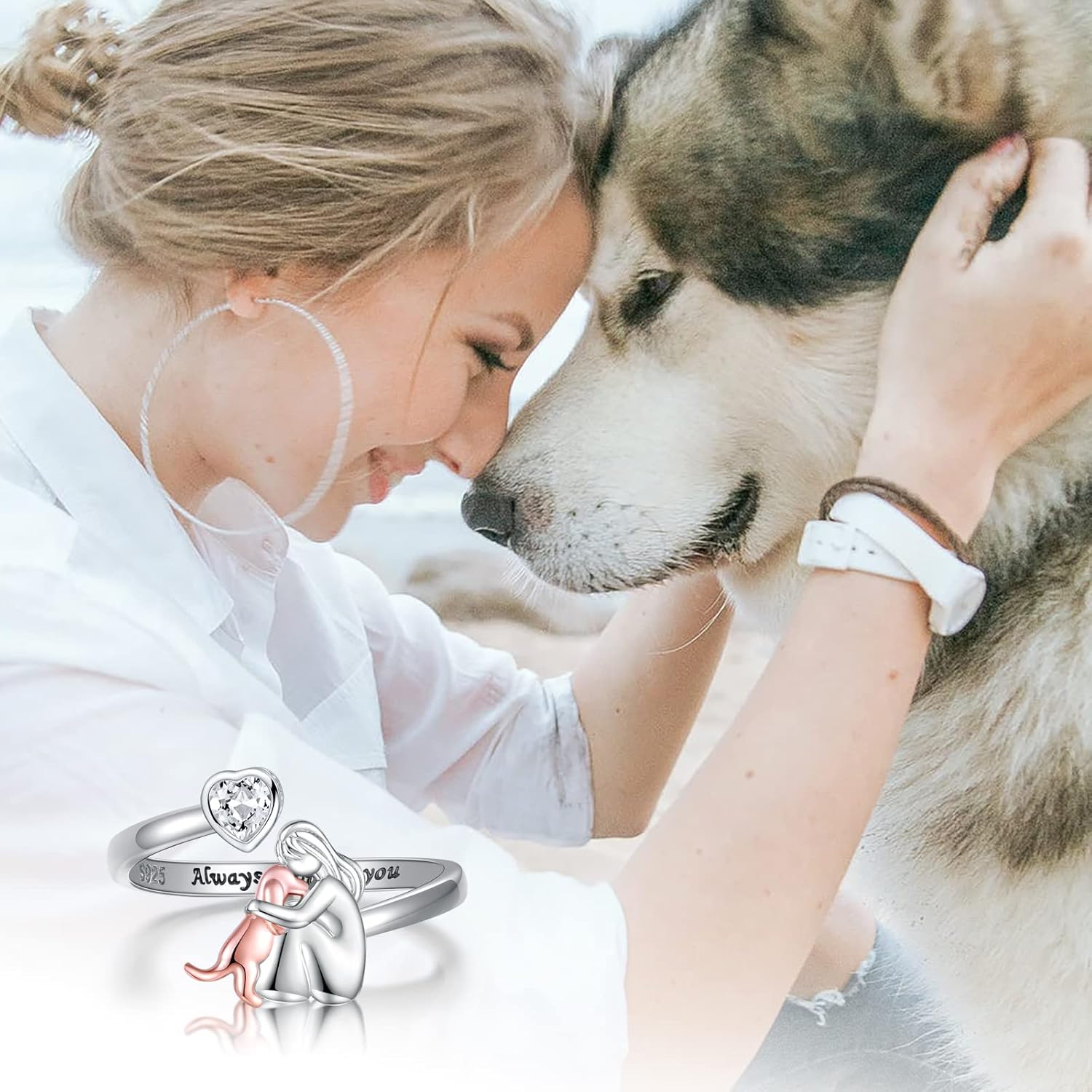Anillo Ajustable para Perros en Plata de Ley 925 – “Siempre en Mi Corazón” con Zirconia