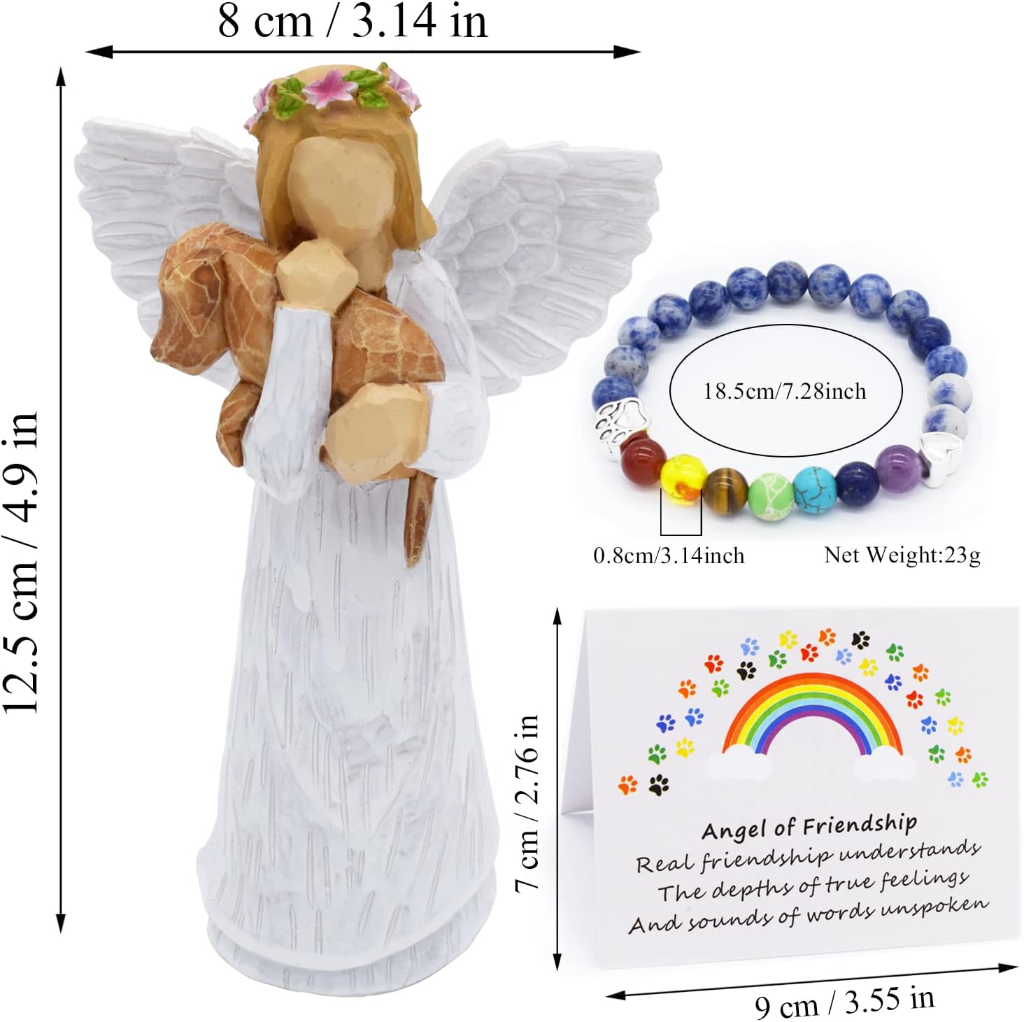 Set de Regalo en Memoria de Perro con Figurita de Ángel de la Amistad y Pulsera Chakra del Puente Arcoíris
