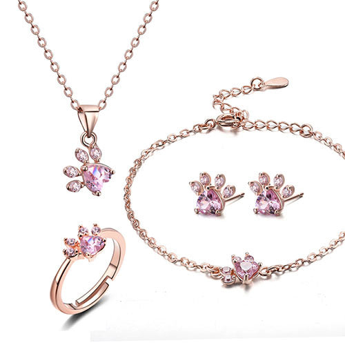 Conjunto de Joyería de Huella en Oro Rosa – 4 Piezas con Corazón de Circonia (Anillo, Collar, Pendientes, Pulsera)