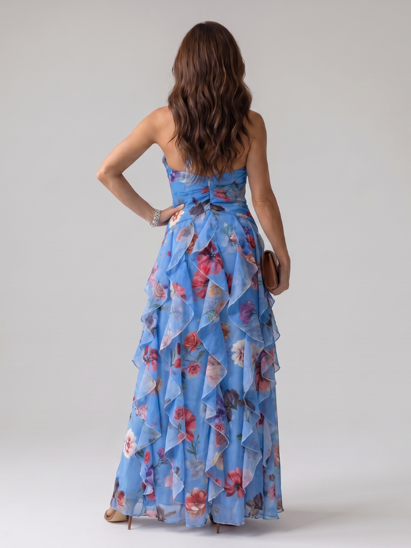 Nori | Vestido Maxi Floral con Escote Halter y Cuerpo Fruncido