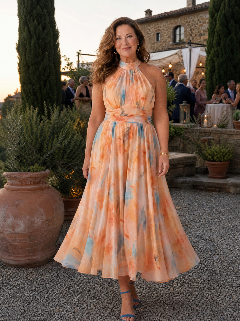 Esther | Vestido de Cuello Halter con Estampado de Acuarela