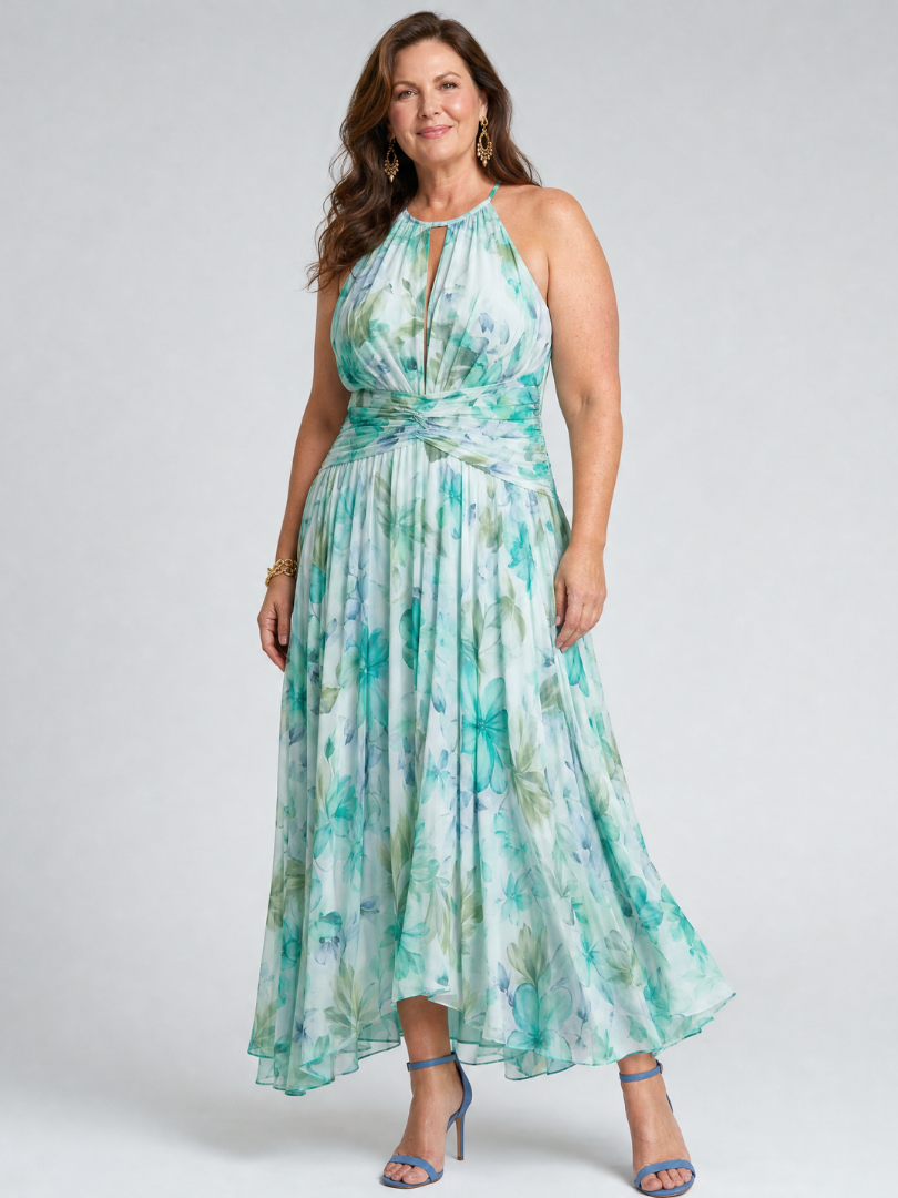 Portia | Vestido Midi de Flores Suaves con Cuello Halter Plisado
