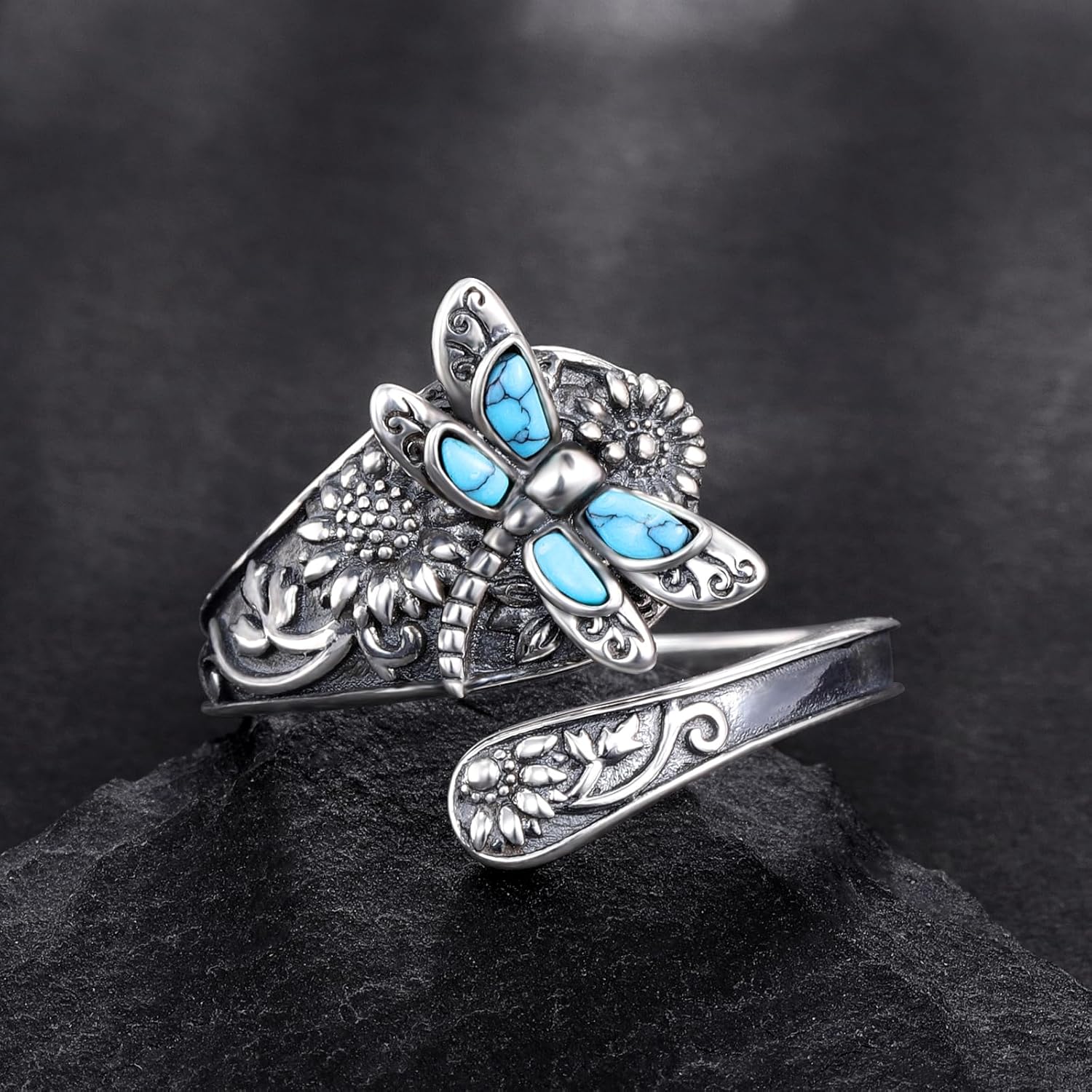 Anillo de Cuchara de Plata Esterlina con Turquesa – Anillo Boho Vintage con Libélula