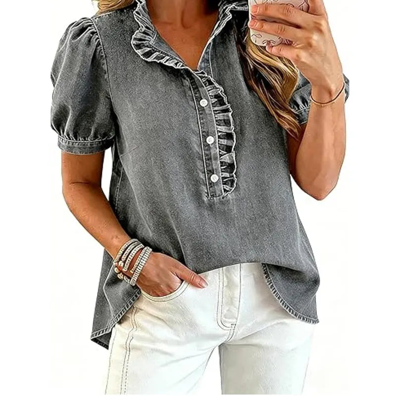 Top vaquero femenino | Con cuello volante y mangas abullonadas