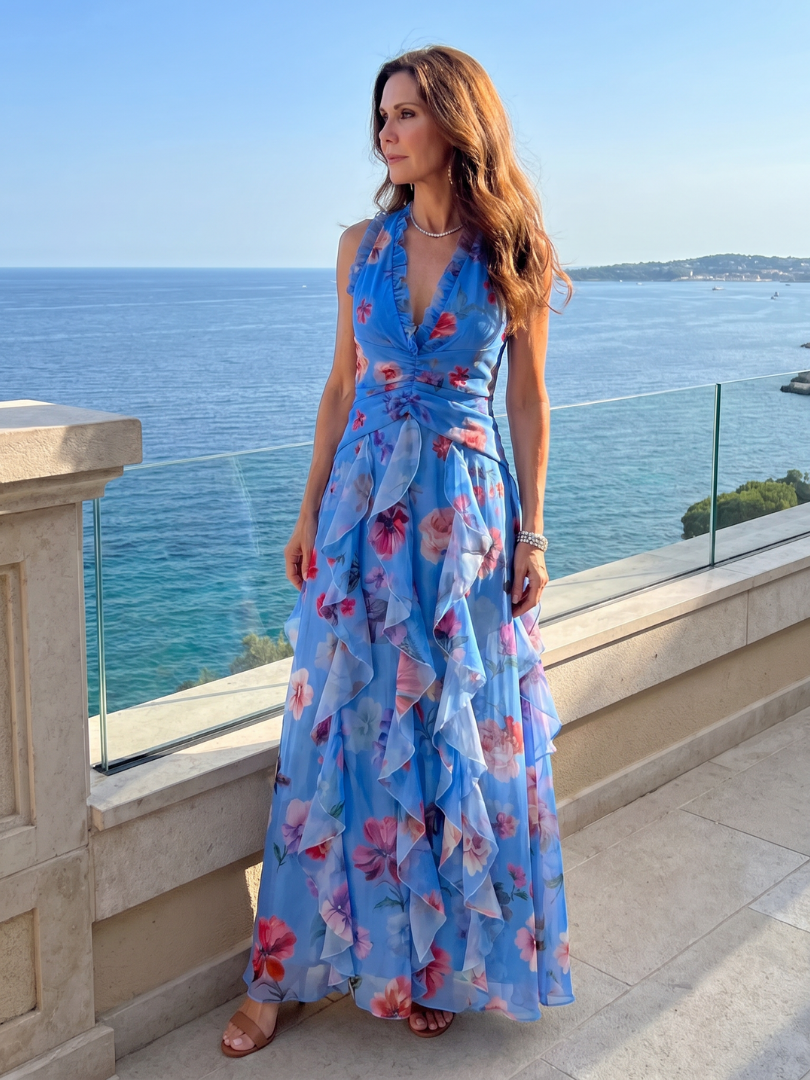Nori | Vestido Maxi Floral con Escote Halter y Cuerpo Fruncido
