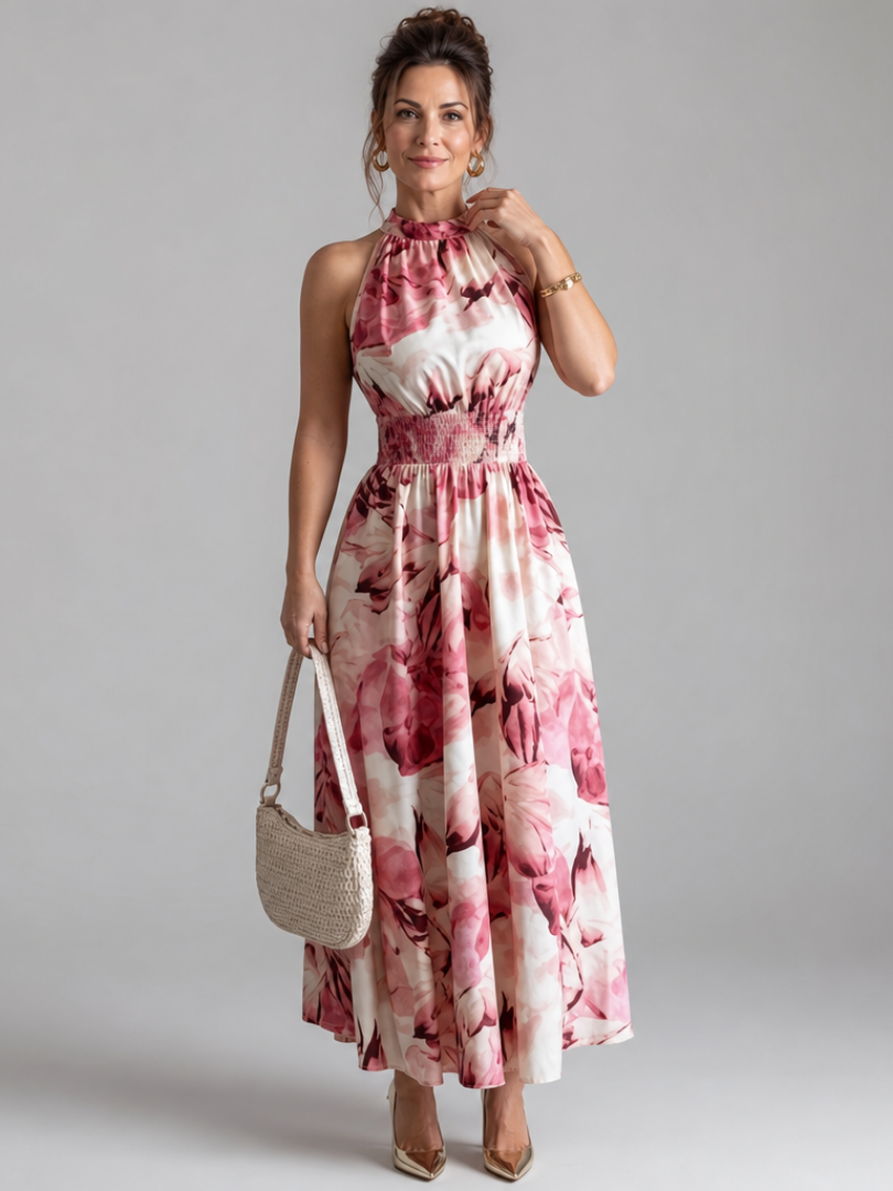 Olivia | Vestido Midi de Talle Recogido con Estampado Abstracto