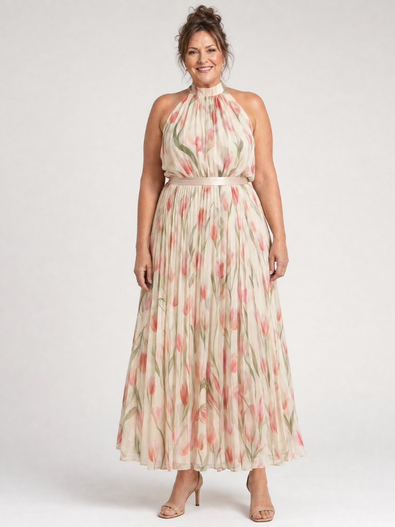 Aurelle | Vestido Midi Floral con Cuello Halter