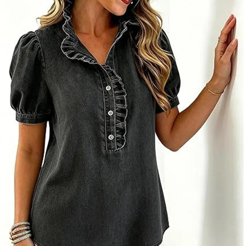 Top vaquero femenino | Con cuello volante y mangas abullonadas