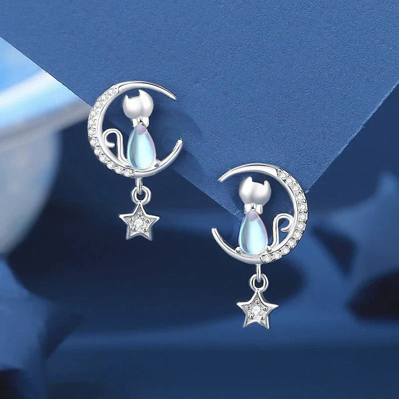 Pendientes de Gato con Luna y Estrella de Plata de Ley 925 con Zirconia