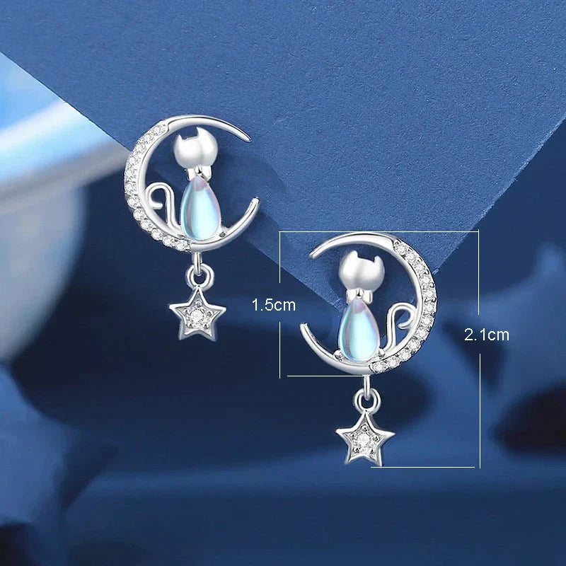 Pendientes de Gato con Luna y Estrella de Plata de Ley 925 con Zirconia