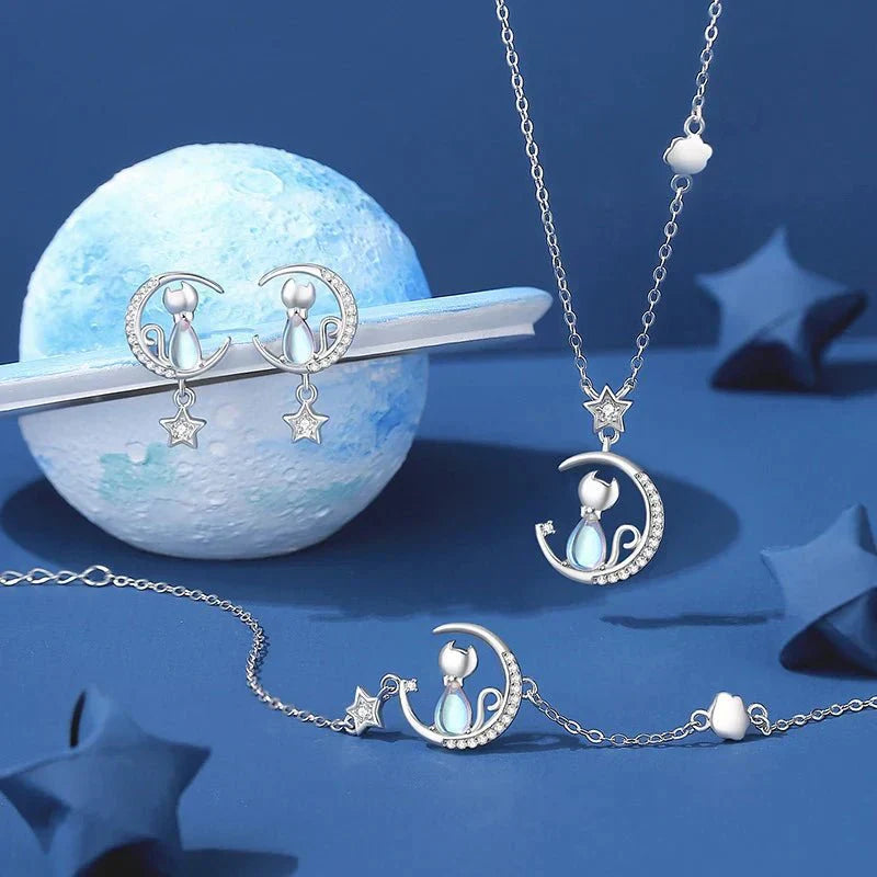 Pendientes de Gato con Luna y Estrella de Plata de Ley 925 con Zirconia
