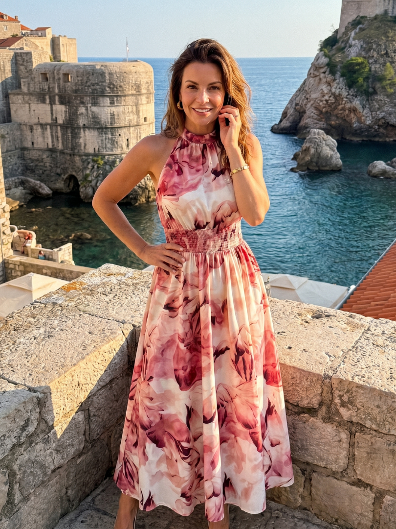Olivia | Vestido Midi de Talle Recogido con Estampado Abstracto