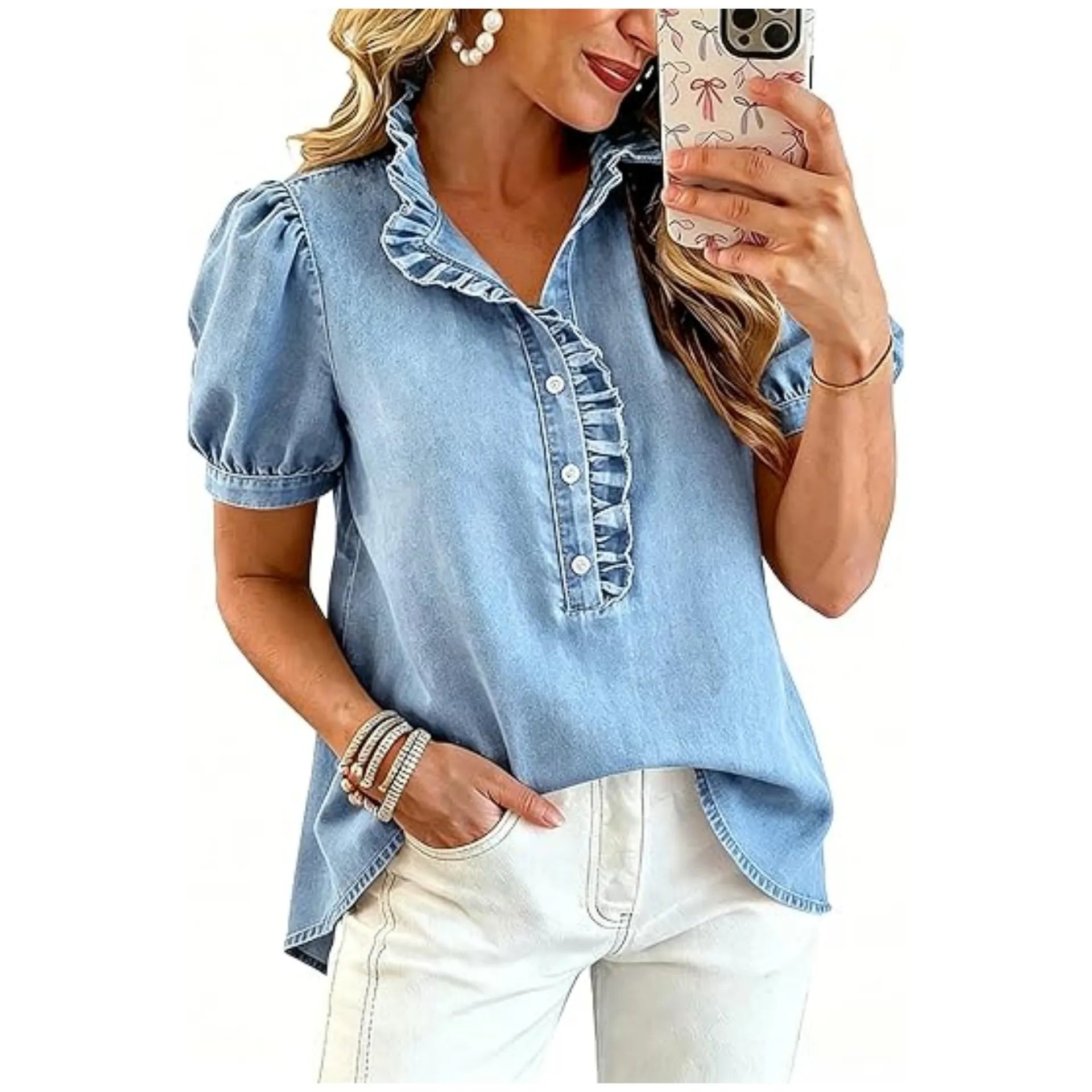 Top vaquero femenino | Con cuello volante y mangas abullonadas