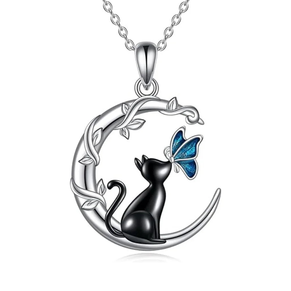 Collar de Colgante de Cristal de Mariposa y Gato Lunar