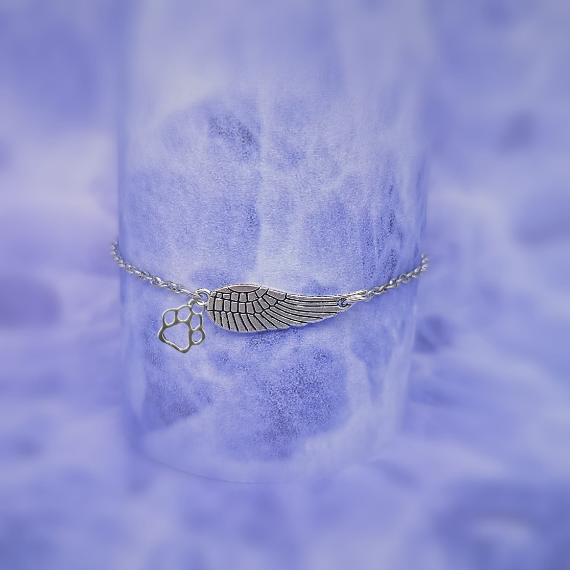 Pulsera Memorial de Plata con Ala de Ángel y Huella de Patita | Hecho a Mano