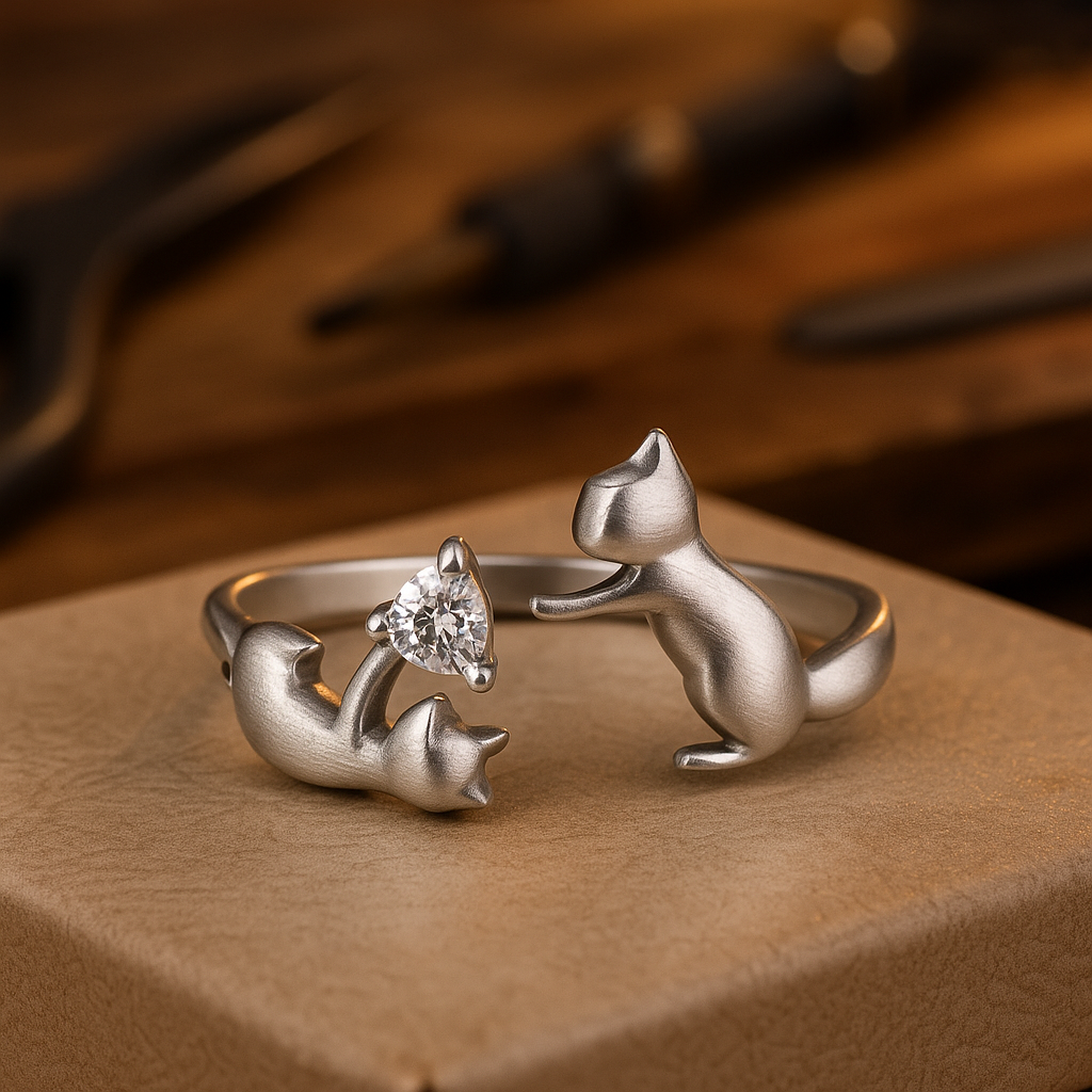 Anillo Ajustable de Plata de Ley con Gato Juguetón y Zirconia
