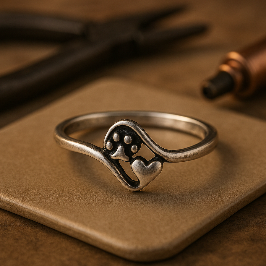 Anillo Vintage de Plata Esterlina con Huella y Corazón