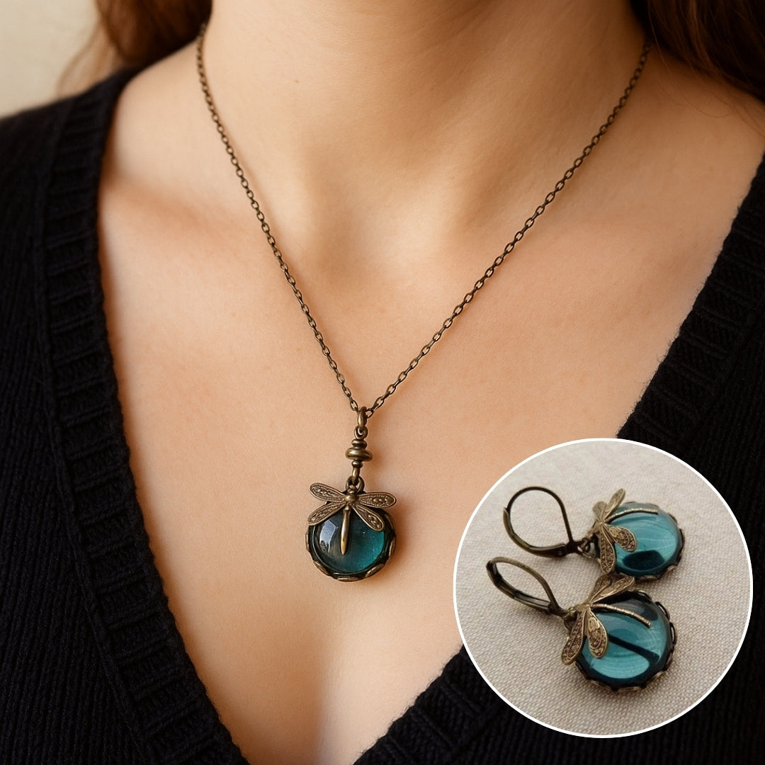 Hermosa Collar de Libélula Vintage con Pendientes de Regalo – Oferta por Tiempo Limitado