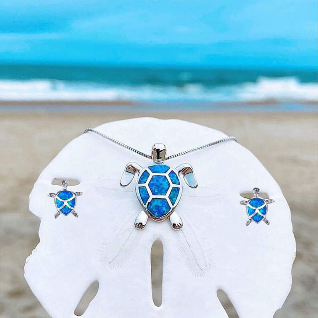 Collar y Pendientes de Tortuga Marina en Ópalo y Plata