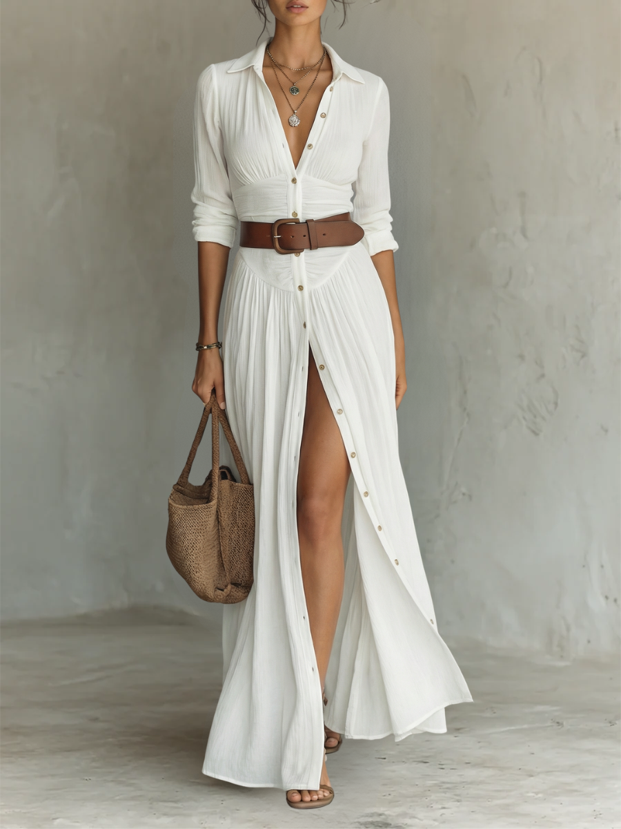 Alma | Vestido maxi fluido con cuello solapa y mangas largas