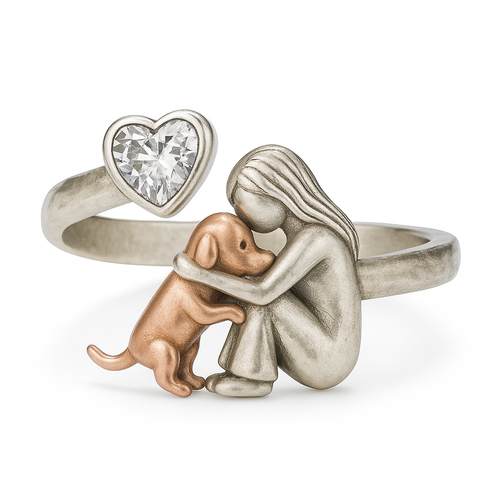 Anillo de Perro de Plata Esterlina 925 Hecho a Mano con Zirconia en Forma de Corazón – Ajuste Ajustable