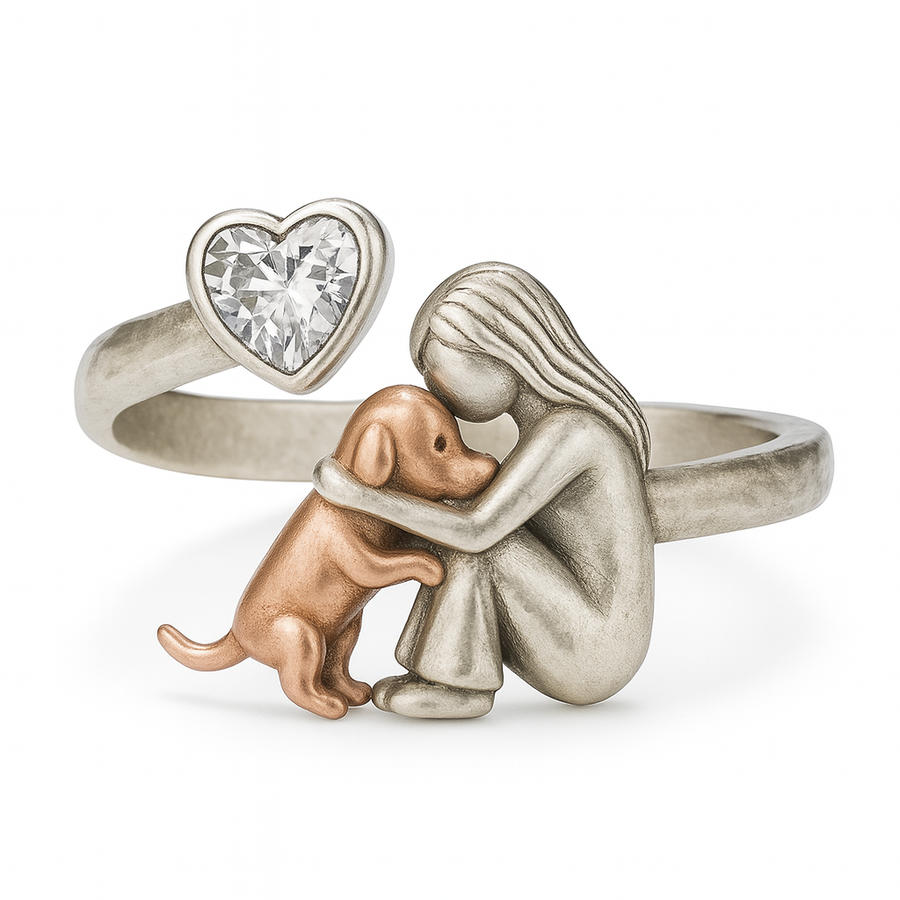 Anillo de Perro de Plata Esterlina 925 Hecho a Mano con Zirconia en Forma de Corazón – Ajuste Ajustable