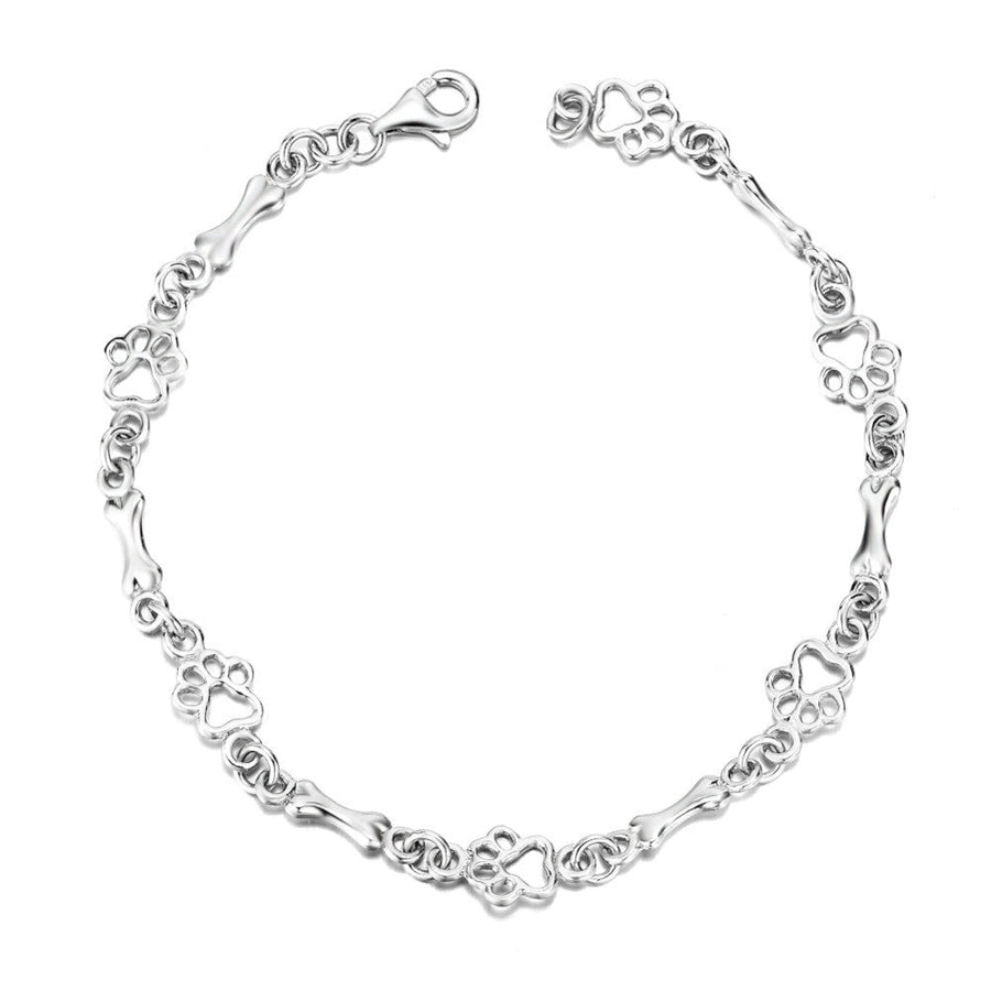 Pulsera de Encanto de Huella de Perro y Hueso de Plata Pura Edición Limitada