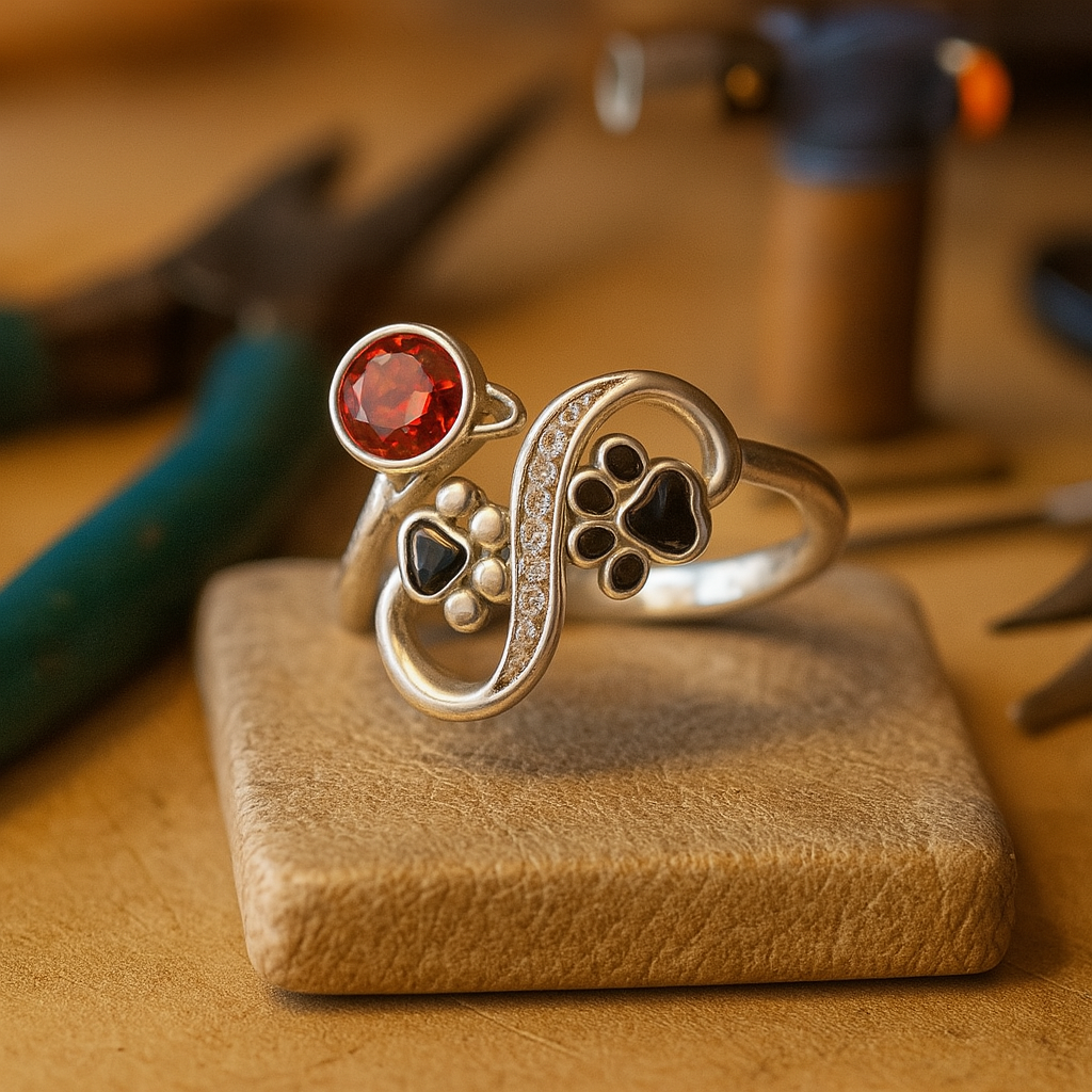 Anillo Ajustable con Huella de Pata Negra y Piedra Roja