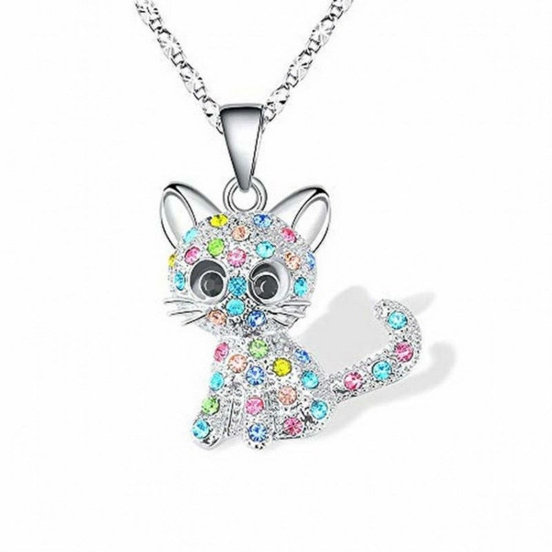 Collar de Gatitos Bebés de Plata y Circonitas de Colores