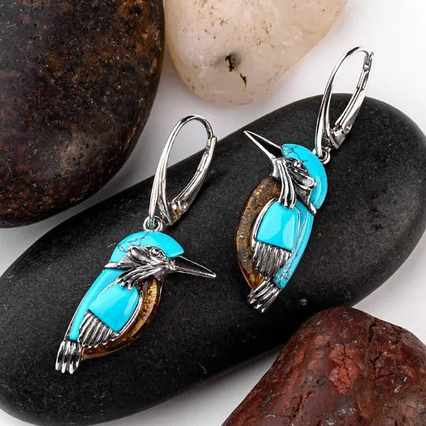 Pendientes de Esmalte Azul con Colibrí