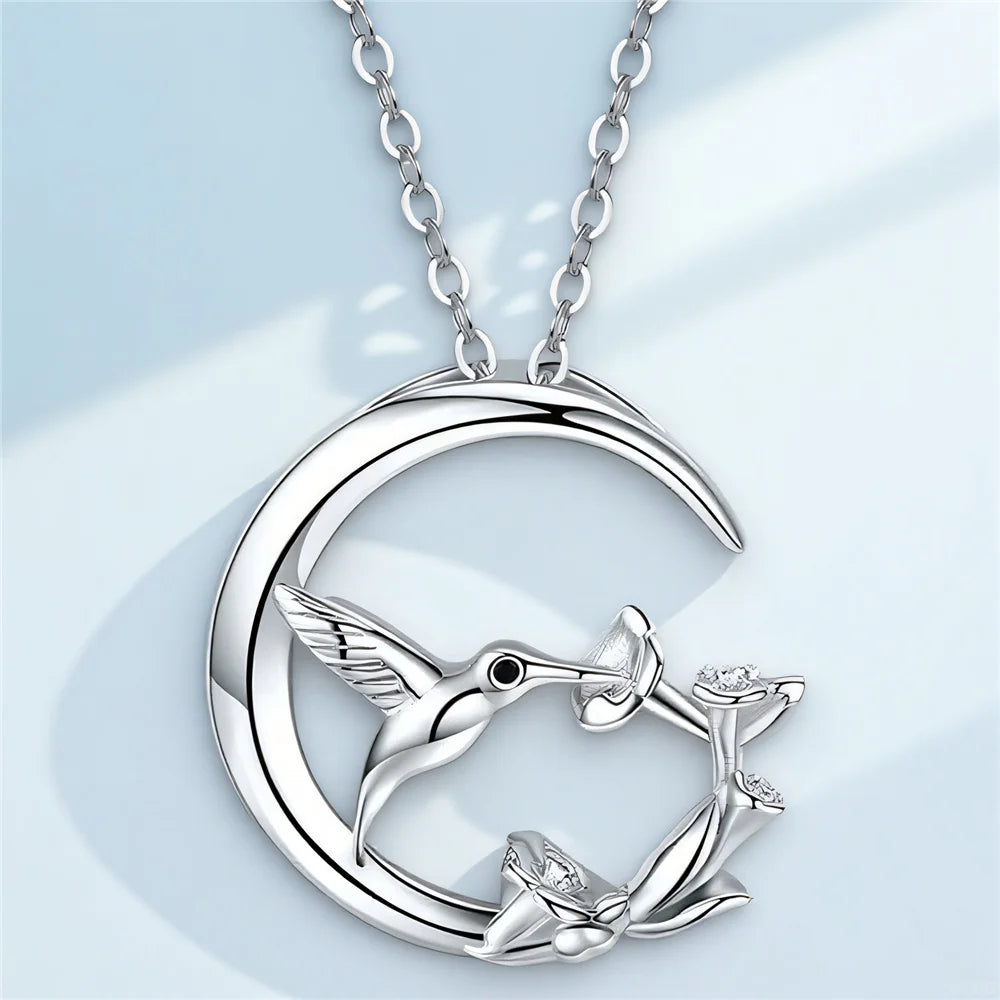 Collar de Colgante de Plata Vintage Moon Bird