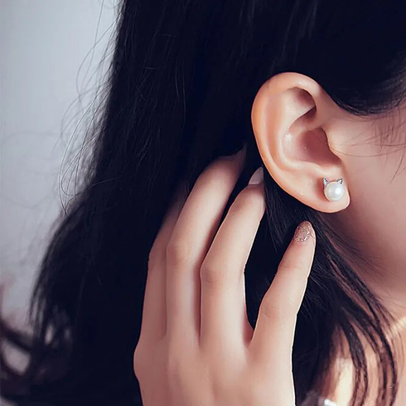 Pendientes de Perla de Gato de Plata de Ley