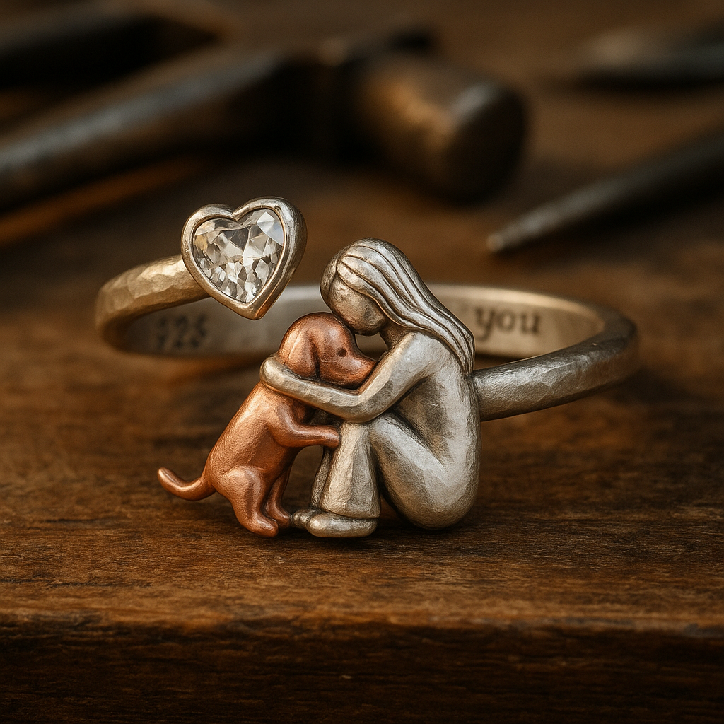 Anillo de Perro de Plata Esterlina 925 Hecho a Mano con Zirconia en Forma de Corazón – Ajuste Ajustable