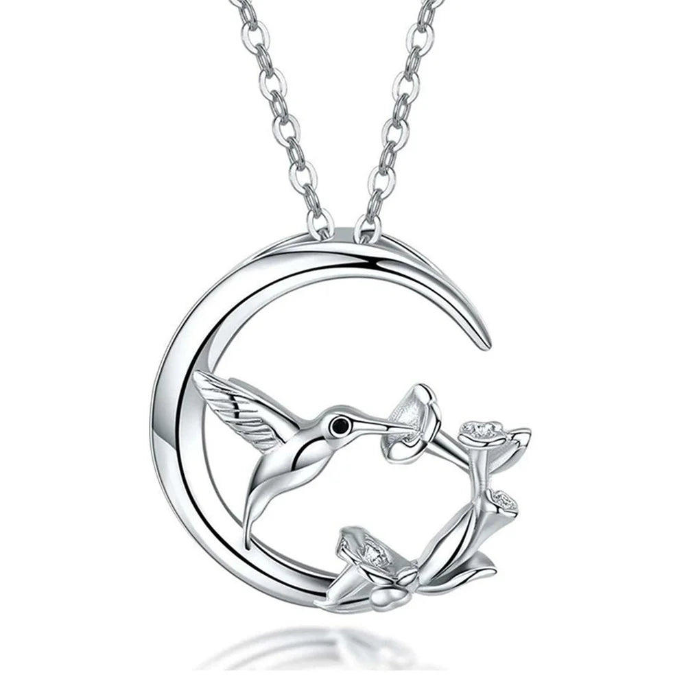 Collar de Colgante de Plata Vintage Moon Bird