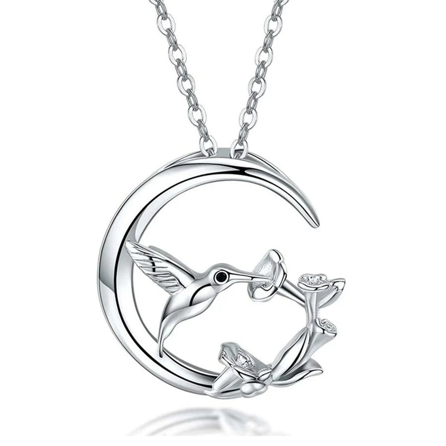 Collar de Colgante de Plata Vintage Moon Bird