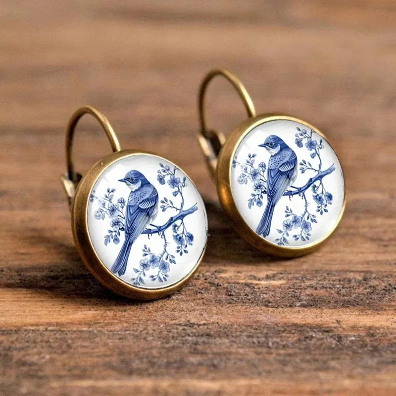 Pendientes de Domo de Cristal de Magpie Azul Vintage