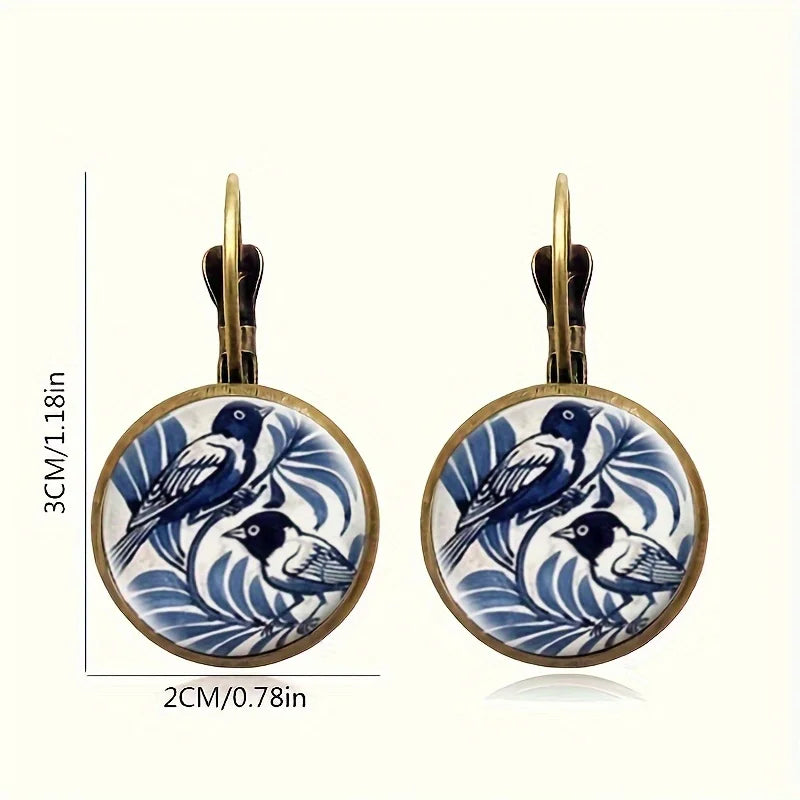 Pendientes de Domo de Cristal de Magpie Azul Vintage